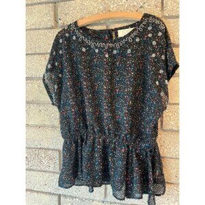 ISANI Black Multicolor Textured Top With Beaded Embellishments Short Sleeves & P